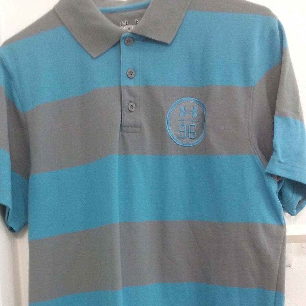 Under Armour Mens Blue Gray Striped Golf Shirt MD
